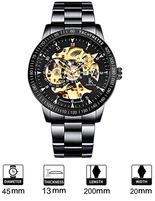 Gute Casual Mens Black Steel Skeleton Automatic Mechanical Coated Glass Wristwatch - The Gadget Collective