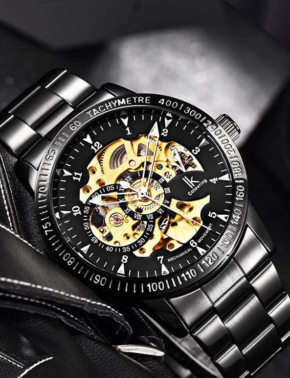 Gute Casual Mens Black Steel Skeleton Automatic Mechanical Coated Glass Wristwatch - The Gadget Collective