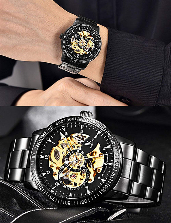 Gute Casual Mens Black Steel Skeleton Automatic Mechanical Coated Glass Wristwatch - The Gadget Collective