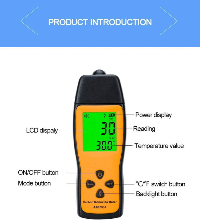 Handheld Carbon Monoxide Meter, Portable CO Gas Detector, Gas Tester with 0～1000Ppm Range, 1PPM Resolution(Battery NOT Included) - The Gadget Collective