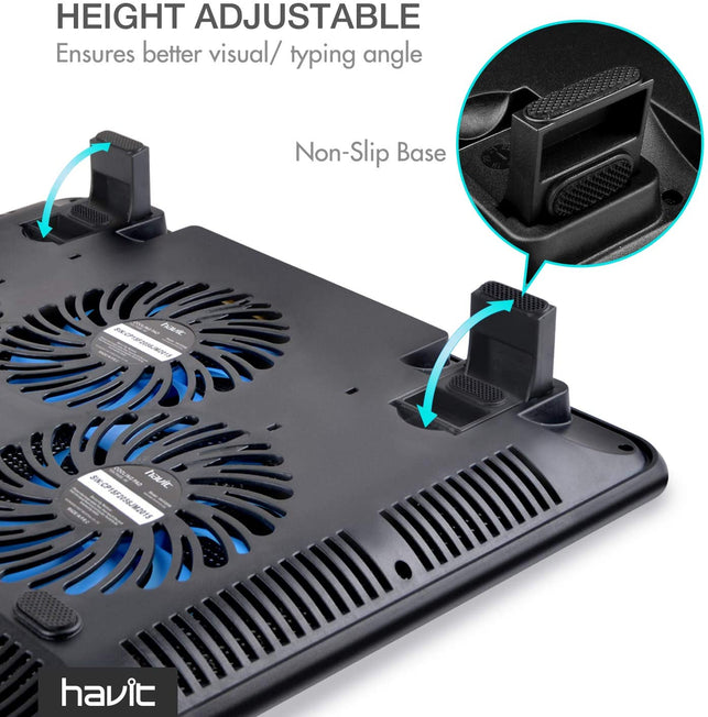 havit HV-F2056 15.6"-17" Laptop Cooler Cooling Pad - Slim Portable USB Powered (3 Fans), Black/Blue - The Gadget Collective