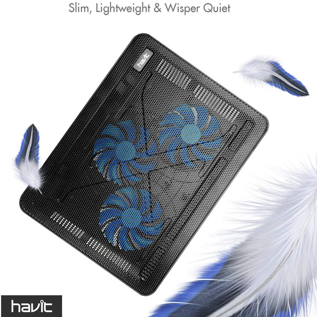 havit HV-F2056 15.6"-17" Laptop Cooler Cooling Pad - Slim Portable USB Powered (3 Fans), Black/Blue - The Gadget Collective