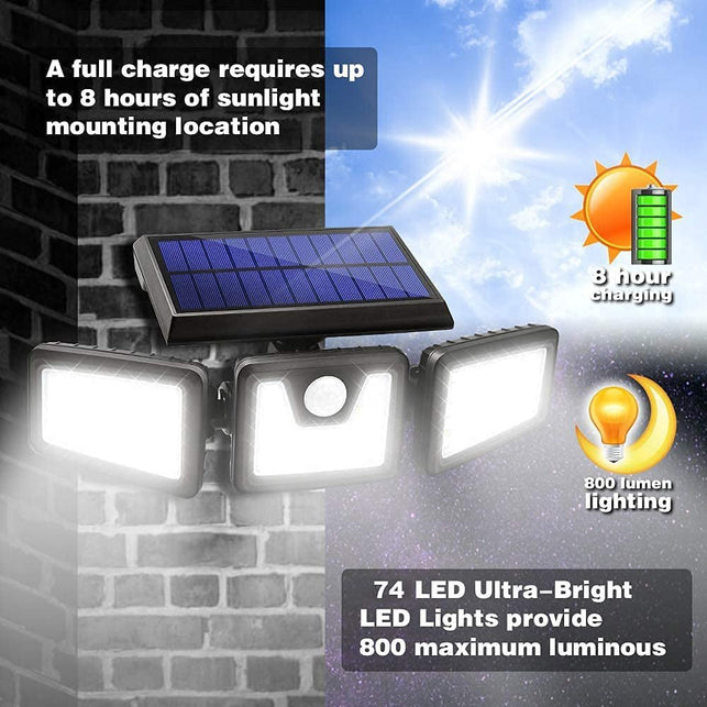 HOORAY Solar Lights Outdoor - 800Lumens 74 LED Wireless Motion Sensor Light,3 Adjustable Heads,270°Wide Angle Illumination,Ip65 Waterproof, Security LED Flood Light for Porch Garden Patio Driveway Pathway - The Gadget Collective