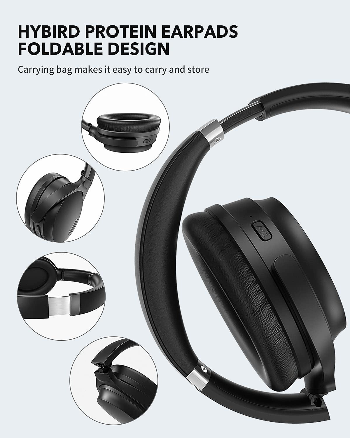 Hroeenoi Active Noise Cancelling Headphones HROEENOI JZ02 Bluetooth Headphones Wireless Over Ear Headphones with CVC 8.0 Microphone Deep Bass Headse