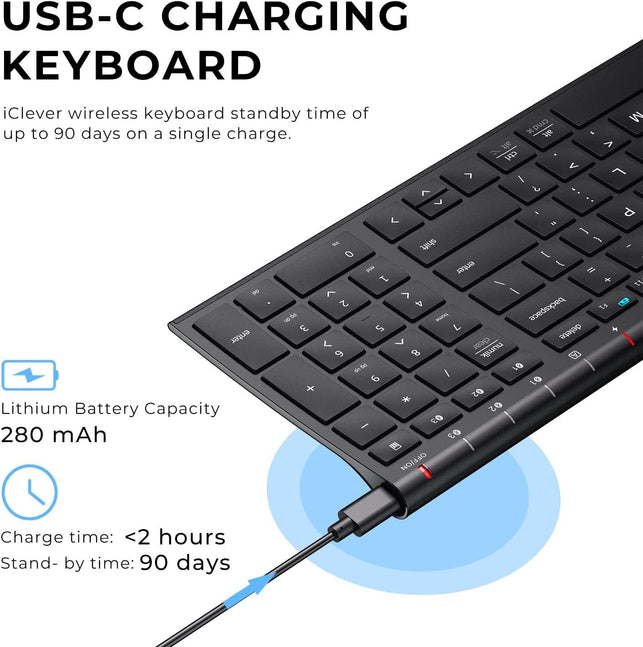 Iclever BK10 Bluetooth Keyboard, Multi Device Keyboard Rechargeable Bluetooth 5.1 with Number Pad Ergonomic Design Full Size Stable Connection Keyboard for Ipad, Iphone, Mac, Ios, Android, Windows - The Gadget Collective