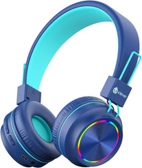 Iclever BTH03 Kids Headphones, Colorful LED Lights Kids Wireless Headphones with MIC, 25H Playtime, Stereo Sound, Bluetooth 5.0, Foldable, Childrens Headphones on Ear for Study Tablet Airplane, Blue - The Gadget Collective
