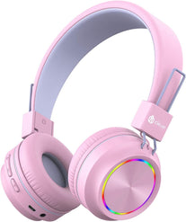 Iclever BTH03 Kids Wireless Headphones, Colorful LED Lights Kids Headphones with MIC, 25H Playtime, Stereo Sound, Bluetooth 5.0, Foldable, Childrens Headphones on Ear for Study Tablet Airplane, Pink - The Gadget Collective
