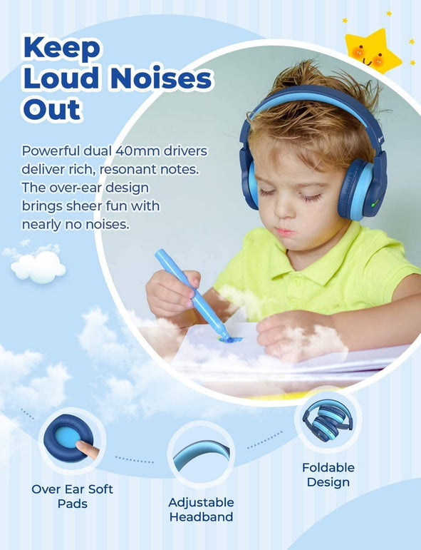 Iclever BTH12 Wireless Kids Headphones, Colorful LED Lights Kids Headphones with 74/85/94Db Volume Limited over Ear, 55H Playtime, Bluetooth 5.2, Built-In Mic for School/Tablet/Pc/Airplane, Blue - The Gadget Collective