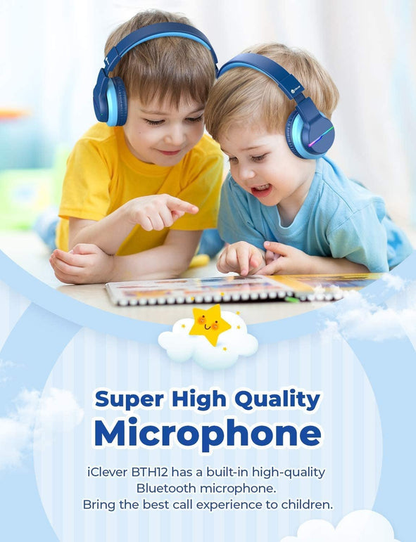 Iclever BTH12 Wireless Kids Headphones, Colorful LED Lights Kids Headphones with 74/85/94Db Volume Limited over Ear, 55H Playtime, Bluetooth 5.2, Built-In Mic for School/Tablet/Pc/Airplane, Blue - The Gadget Collective
