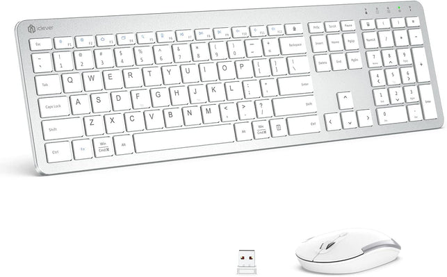 Iclever GK08 Wireless Keyboard and Mouse - Rechargeable Keyboard Ergonomic Quiet Full Size Design with Number Pad, 2.4G Stable Connection Slim White Keyboard and Mouse for Windows Mac OS Computer - The Gadget Collective