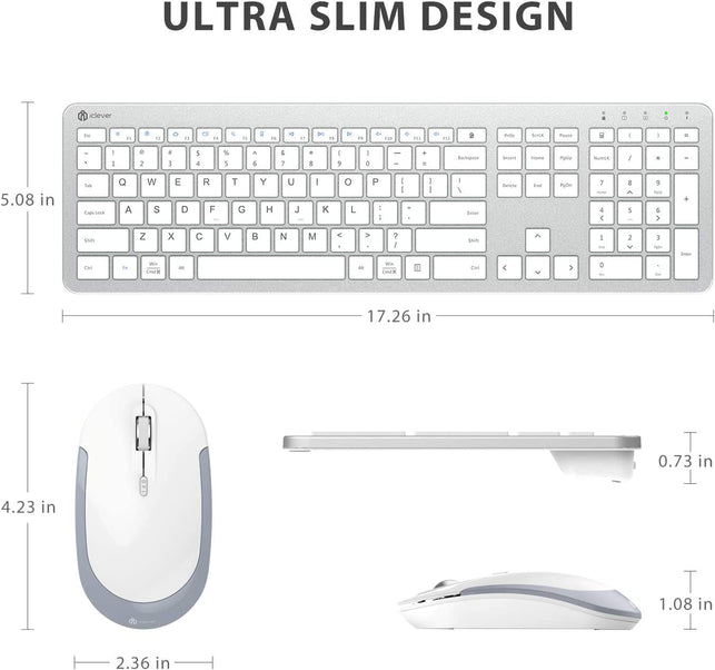 Iclever GK08 Wireless Keyboard and Mouse - Rechargeable Keyboard Ergonomic Quiet Full Size Design with Number Pad, 2.4G Stable Connection Slim White Keyboard and Mouse for Windows Mac OS Computer - The Gadget Collective