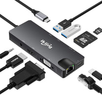 ikling USB C Hub, 9-in-1 USB C Adapter with 4K USB C to HDMI,VGA, USB C Charging, 2 USB 3.0, SD/TF Card Reader, USB C to 3.5mm, Gigabit Ethernet, USB - The Gadget Collective
