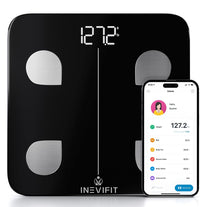 INEVIFIT Smart Body Fat Scale, Highly Accurate Bluetooth Digital Bathroom Body Composition Analyzer, Measures Weight, Body Fat, Water, Muscle, Visceral Fat & Bone Mass for Unlimited Users (Black) - The Gadget Collective