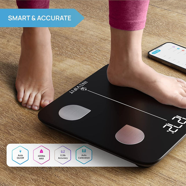 INEVIFIT Smart Body Fat Scale, Highly Accurate Bluetooth Digital Bathroom Body Composition Analyzer, Measures Weight, Body Fat, Water, Muscle, Visceral Fat & Bone Mass for Unlimited Users (Black) - The Gadget Collective