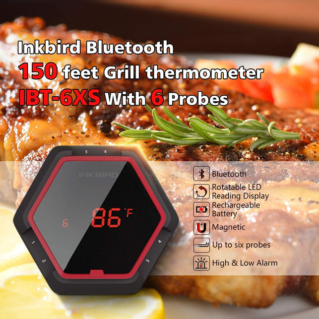 Inkbird Grill Bluetooth BBQ Thermometer Wireless IBT-6XS, 6 Probes Digital Smoker Grill Thermometer for Cooking,150Ft Bluetooth Meat Thermometer, Magnet, Timer, Alarm for Kitchen, Food (Red) - The Gadget Collective