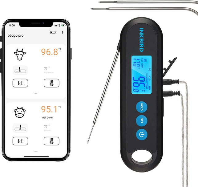 INKBIRD Hybrid Thermometer between a Remote Bluetooth BBQ Meat Thermometer with 2 Probes and an Instant-Read Thermometer,Rechargeable Grill Thermometer with Temperature Alarms and Graph, Calibration - The Gadget Collective