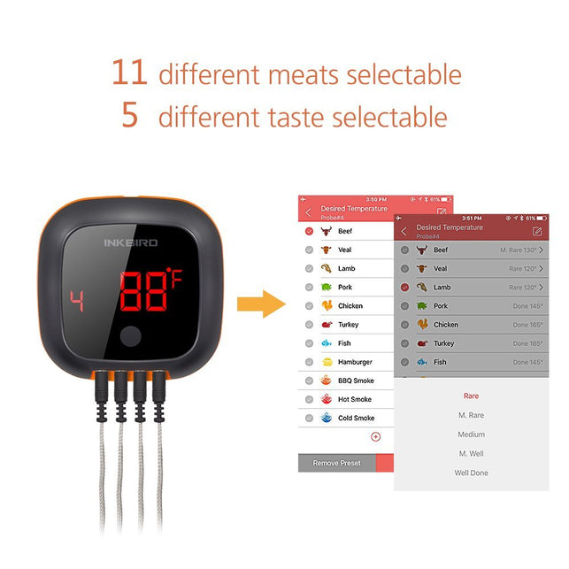 Inkbird IBT-4XS Bluetooth Wireless Meat Grill Thermometer, with 1000mAh Li-Battery and USB Charging Cable, Magnet, Timer, Alarm BBQ Thermometers for D - The Gadget Collective