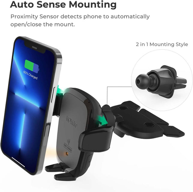 Iottie Auto Sense Qi Wireless Car Charger - Automatic Clamping Wireless Charging CD Slot & Air Vent Phone Mount Combo for Google Pixel, Iphone, Samsung Galaxy, Huawei, LG, and Other Smartphones - The Gadget Collective