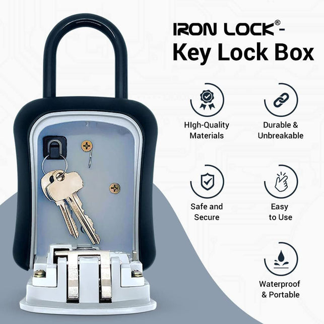 Iron Lock® - Key Lock Box Portable and Wall Mounted with Removable Shackle Indoor Outdoor Waterproof 4 Digit Combination with Resettable Code with a B Switch Key Lockbox for outside Hold 5 Spare Keys - The Gadget Collective