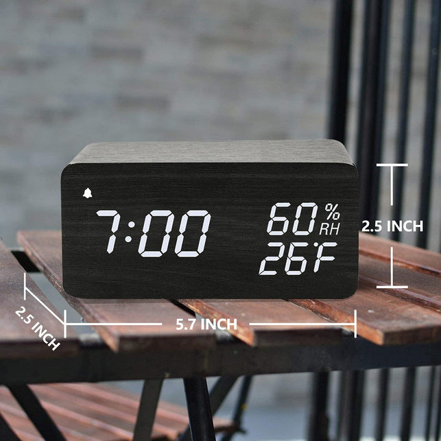 Jall Wooden Digital Alarm Clock with Wireless Charging, 3 Alarms LED Display, Sound Control and Snooze Dual for Bedroom, Bedside, Office (Black) - The Gadget Collective