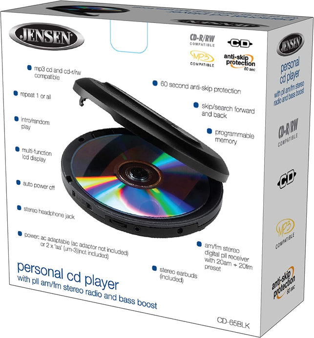 Jensen Portable CD Player Personal CD/MP3 Player + AM/FM Radio + with LCD Display Bass Boost 60-Second anti Skip CD R/Rw/Compatible+ Sport Earbuds Included (Limited Edition Black Series) - The Gadget Collective