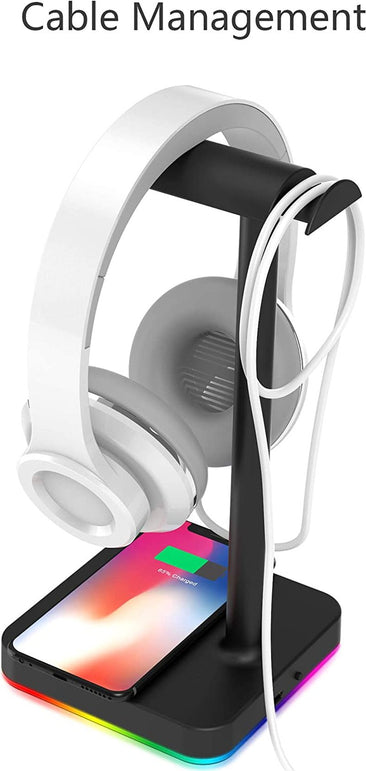 KAFRI RGB Headphone Stand with Wireless Charger Desk Gaming Headset Holder Hanger Rack with 10W/7.5W Fast Charge QI Wireless Charging Pad - Suitable for Gamer Desktop Table Game Earphone Accessories - The Gadget Collective