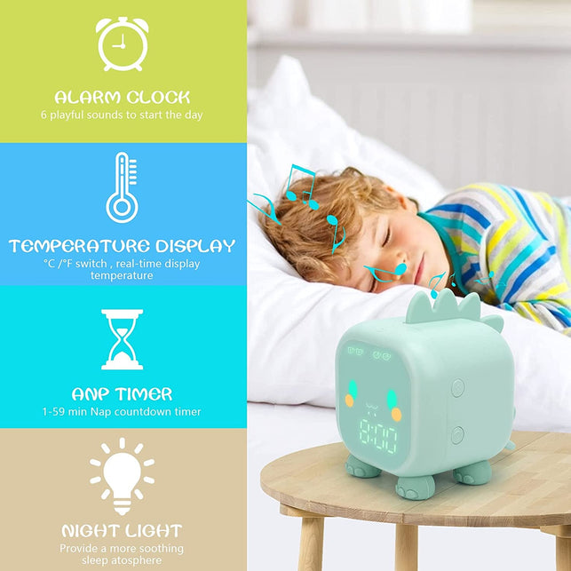 Kids Alarm Clock, Digital Alarm Clock for Kids Bedroom, Cute Dinosaur Alarm Clock Children'S Sleep Trainer, Wake up Light & Night Light with USB Alarm Clock for Boys Girls Birthday Gifts(Green) - The Gadget Collective