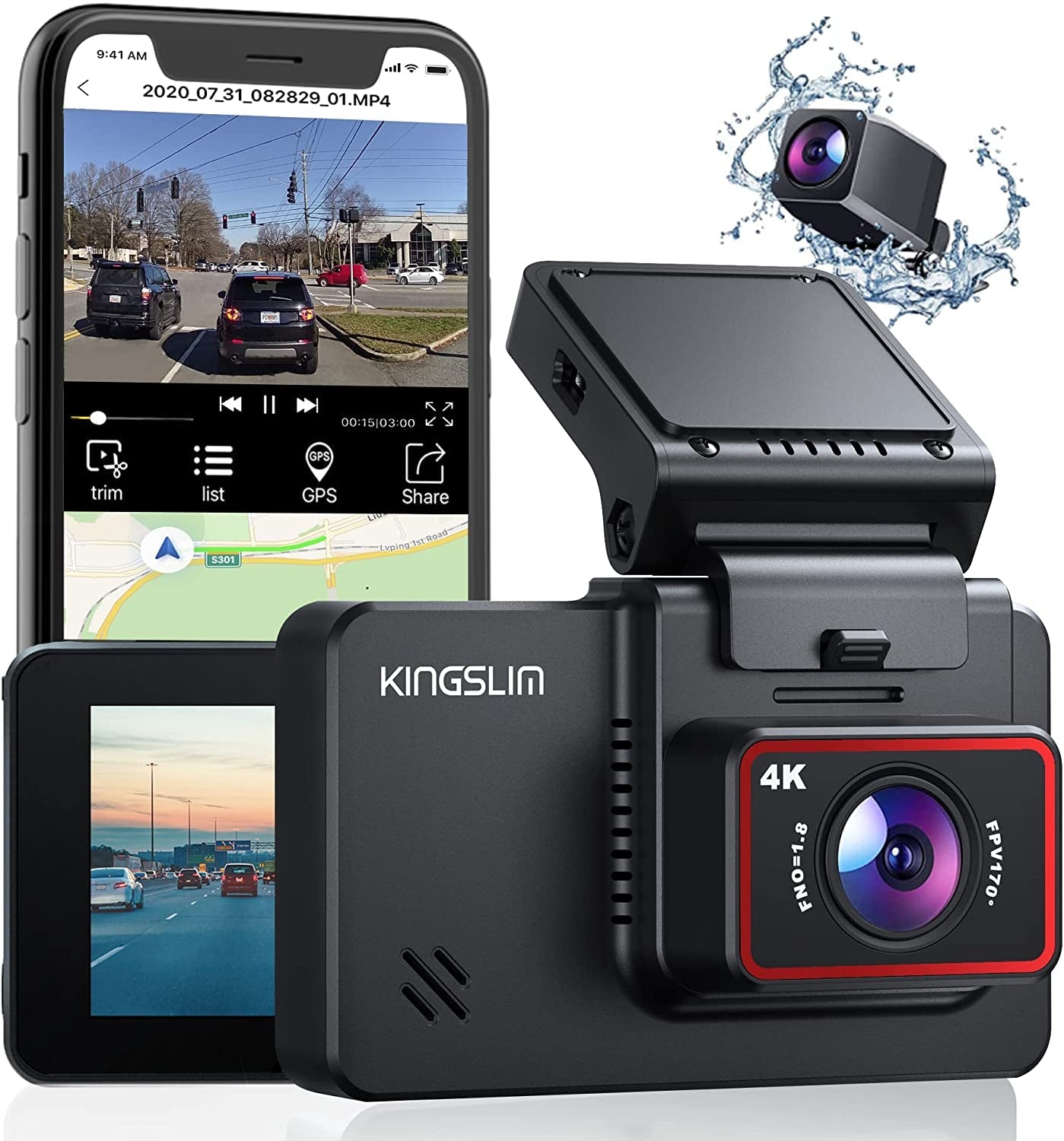 Kingslim D4 4K Dual Dash Cam with Built-In Wifi GPS, Front 4K/2.5K