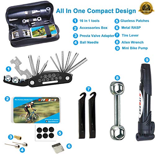 Kitbest Bike Repair Tool Kit. Bicycle Tire Pump, Tire Puncture Repair Kit, Bike Multi Tool Set, Glueless Tire Patches, Bicycle Tire Lever and Portable - The Gadget Collective