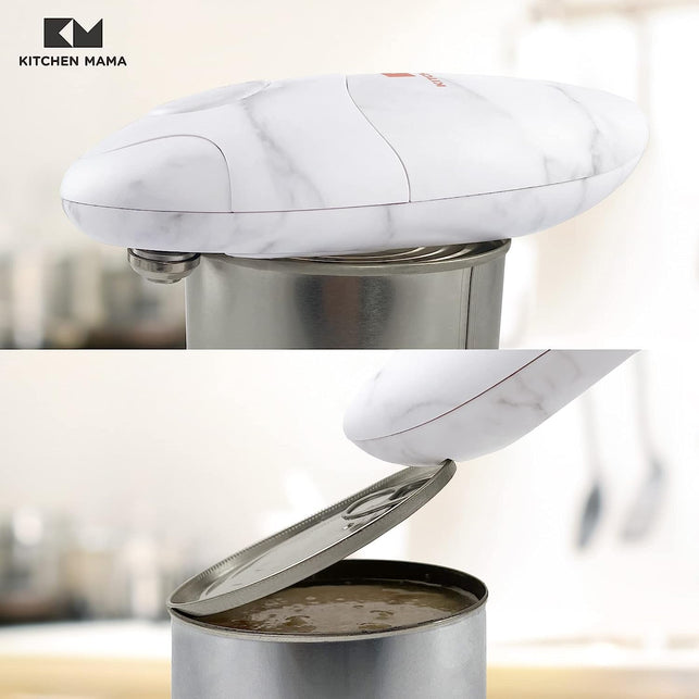 Kitchen Mama Electric Can Opener 2.0: Upgraded Blade Opens Any Can Shape - Smooth Edge, Food-Safe, Handy with Lid Lift, Battery Operated Handheld Can Opener (Marble White) - The Gadget Collective