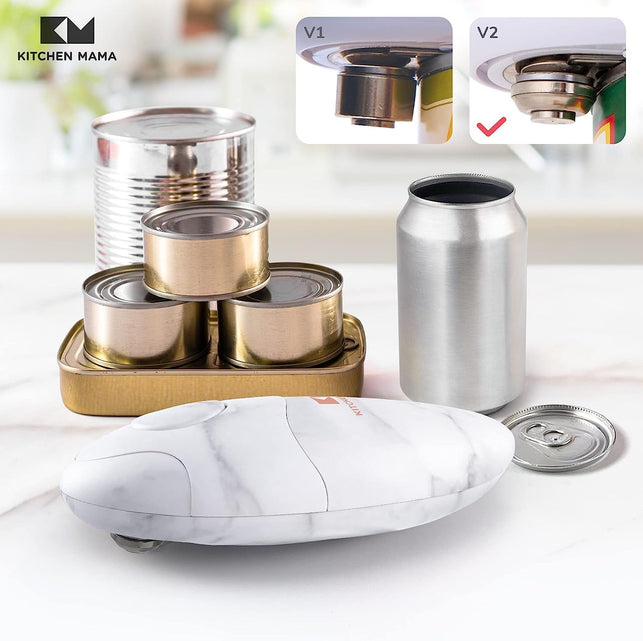 Kitchen Mama Electric Can Opener 2.0: Upgraded Blade Opens Any Can Shape - Smooth Edge, Food-Safe, Handy with Lid Lift, Battery Operated Handheld Can Opener (Marble White) - The Gadget Collective