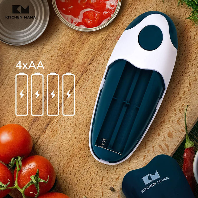 Kitchen Mama Electric Can Opener 2.0: Upgraded Blade Opens Any Can Shape - Smooth Edge, Food-Safe, Handy with Lid Lift, Battery Operated Handheld Can Opener (Navy Blue) - The Gadget Collective