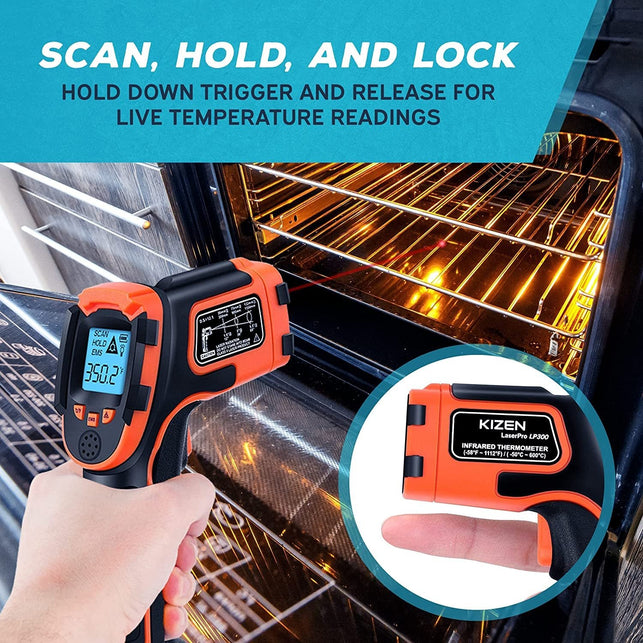 KIZEN Infrared Thermometer Gun (Laserpro LP300) - Handheld Heat Temperature Gun for Cooking, Pizza Oven, Grill & Engine - Laser Surface Temp Reader -58F to 1112F - NOT for Humans - The Gadget Collective