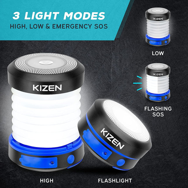 KIZEN Solar Lantern - Collapsible LED Camping Lantern - Rechargeable Solar - USB Portable Lamp and Phone Charger for Emergency, Power Outage, Hurricane - Tent Lights, Hiking, Backpacking Gear, Blue - The Gadget Collective