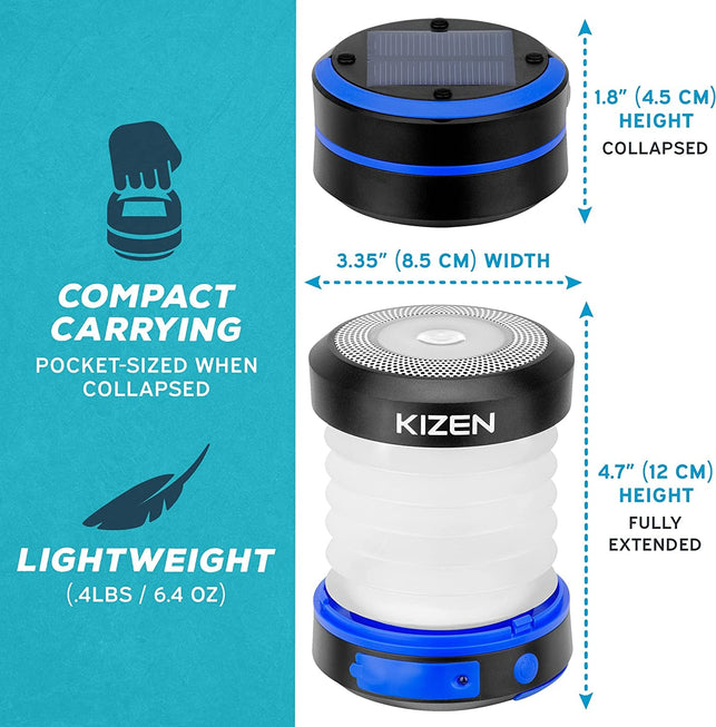 KIZEN Solar Lantern - Collapsible LED Camping Lantern - Rechargeable Solar - USB Portable Lamp and Phone Charger for Emergency, Power Outage, Hurricane - Tent Lights, Hiking, Backpacking Gear, Blue - The Gadget Collective