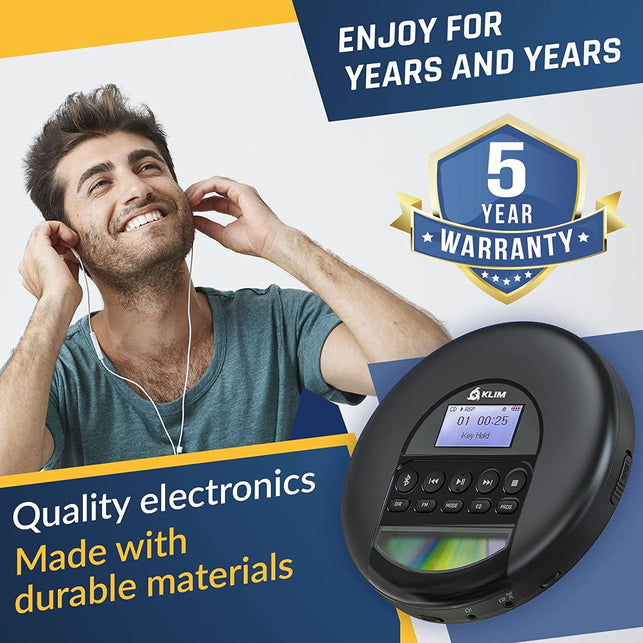 KLIM Nomad - New 2023 - Portable CD Player Walkman with Long-Lasting Battery - with Headphones - Radio FM - Compatible MP3 CD Player Portable - TF Card Radio FM AM Bluetooth - Ideal for Cars - Black - The Gadget Collective