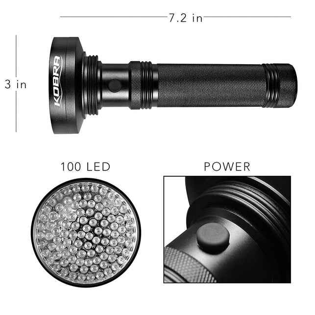 KOBRA UV Black Light Flashlight 100 LED #1 Best UV Light and Blacklight For Home & Hotel Inspection, Pet Urine & Stains - Ultra Intensity 18W - The Gadget Collective