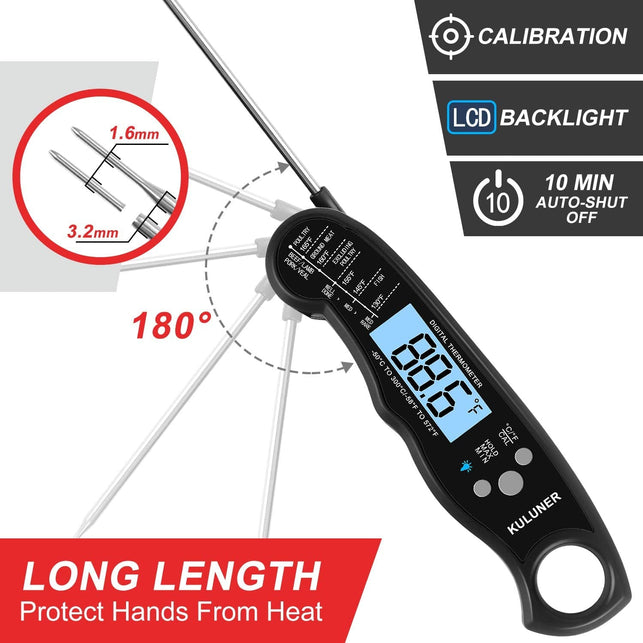 KULUNER TP-01 Waterproof Digital Instant Read Meat Thermometer with 4.6” Folding Probe Backlight & Calibration Function for Cooking Food Candy, BBQ Grill, Liquids,Beef(Black) - The Gadget Collective