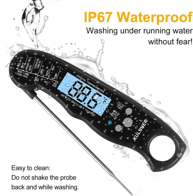 KULUNER TP-01 Waterproof Digital Instant Read Meat Thermometer with 4.6” Folding Probe Backlight & Calibration Function for Cooking Food Candy, BBQ Grill, Liquids,Beef(Black) - The Gadget Collective