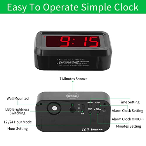 KWANWA Alarm Clock, Wall Clock, Battery Operated Clock, Adjustable 3-Level Led Brightness, Dim Night Model, 12/24Hr, Cordless, Constantly 1.2'' Red Digits Display, Small Clock for Bedroom/Travel - The Gadget Collective