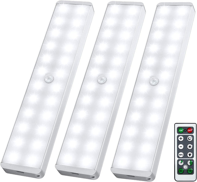 LED Closet Light, 24-LED Dimmer Rechargeable Motion Sensor under Cabinet Lighting Wireless Stick-Anywhere Night Light with Remote for Wardrobe,Kitchen (3 Pcs) - The Gadget Collective