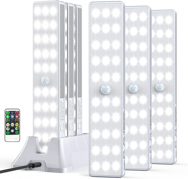 LED Closet Light with Charging Station, 30Leds Dimmer Rechargeable Motion Sensor under Cabinet Lighting with Remote Control, Wireless Stick-Anywhere Night Light for Wardrobe,Kitchen-6 Pcs - The Gadget Collective