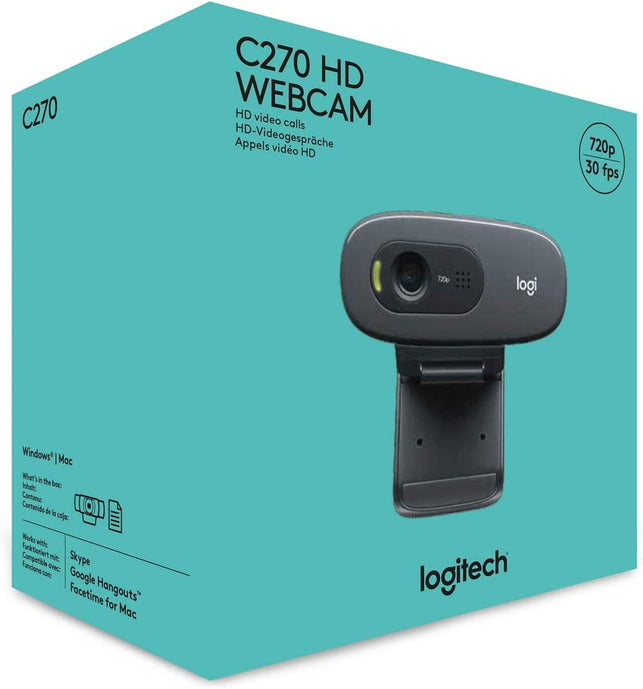 Logitech C270 HD Webcam, 720P, Widescreen HD Video Calling,Light Correction, Noise-Reducing Mic, for Skype, Facetime, Hangouts, Webex, Pc/Mac/Laptop/Macbook/Tablet - Black - The Gadget Collective