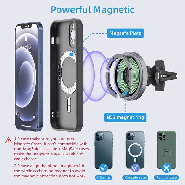 Magnetic Wireless Car Charger Mount, Stick on the Dashboard for Magsafe Iphone 14/14 Pro/14 Max/13/13 Pro/13 Pro Max/ 12/12Pro/Mini, Fast Charging Auto-Alignment Air Vent Phone Holder (Dark Grey) - The Gadget Collective