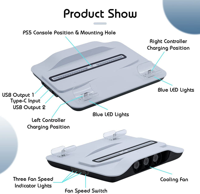 Mcbazel Cooling Fan and Dual Controller Charger Station for PS5 Console, Cooler Station and Charging Dock with Extra USB Ports for Playstation 5 UHD and Digital Edition - White - The Gadget Collective