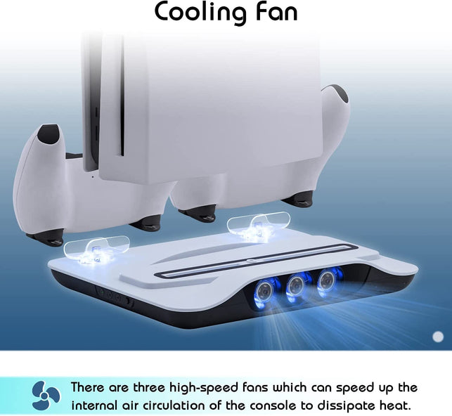 Mcbazel Cooling Fan and Dual Controller Charger Station for PS5 Console, Cooler Station and Charging Dock with Extra USB Ports for Playstation 5 UHD and Digital Edition - White - The Gadget Collective