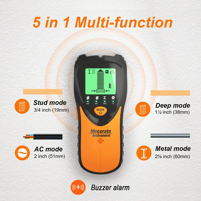 Mecurate Stud Finder Wall Scanner Sensor - 5 in 1 Electronic Stud with LCD Display & Audio Alarm for Wood AC Live Wire Metal Studs Detection Joist Pipe - The Gadget Collective