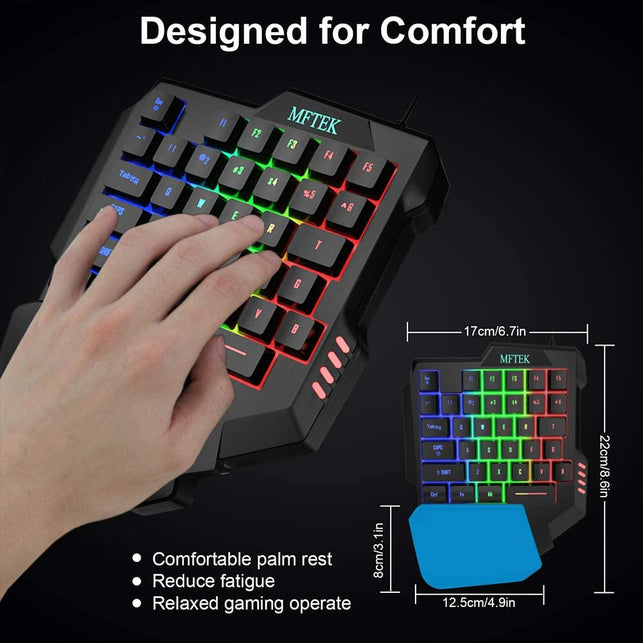 MFTEK One Hand Gaming Keyboard and Mouse Combo, RGB Rainbow Backlit One-Handed Mechanical Feeling Gaming Keyboard with Wrist Rest Support, USB Wired K - The Gadget Collective