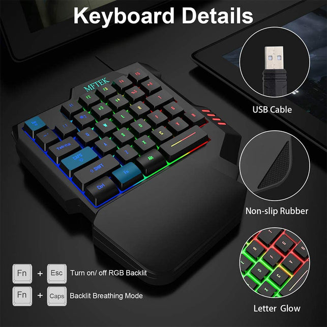 MFTEK One Hand Gaming Keyboard and Mouse Combo, RGB Rainbow Backlit One-Handed Mechanical Feeling Gaming Keyboard with Wrist Rest Support, USB Wired K - The Gadget Collective