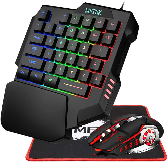 MFTEK One Hand Gaming Keyboard and Mouse Combo, RGB Rainbow Backlit One-Handed Mechanical Feeling Gaming Keyboard with Wrist Rest Support, USB Wired K - The Gadget Collective